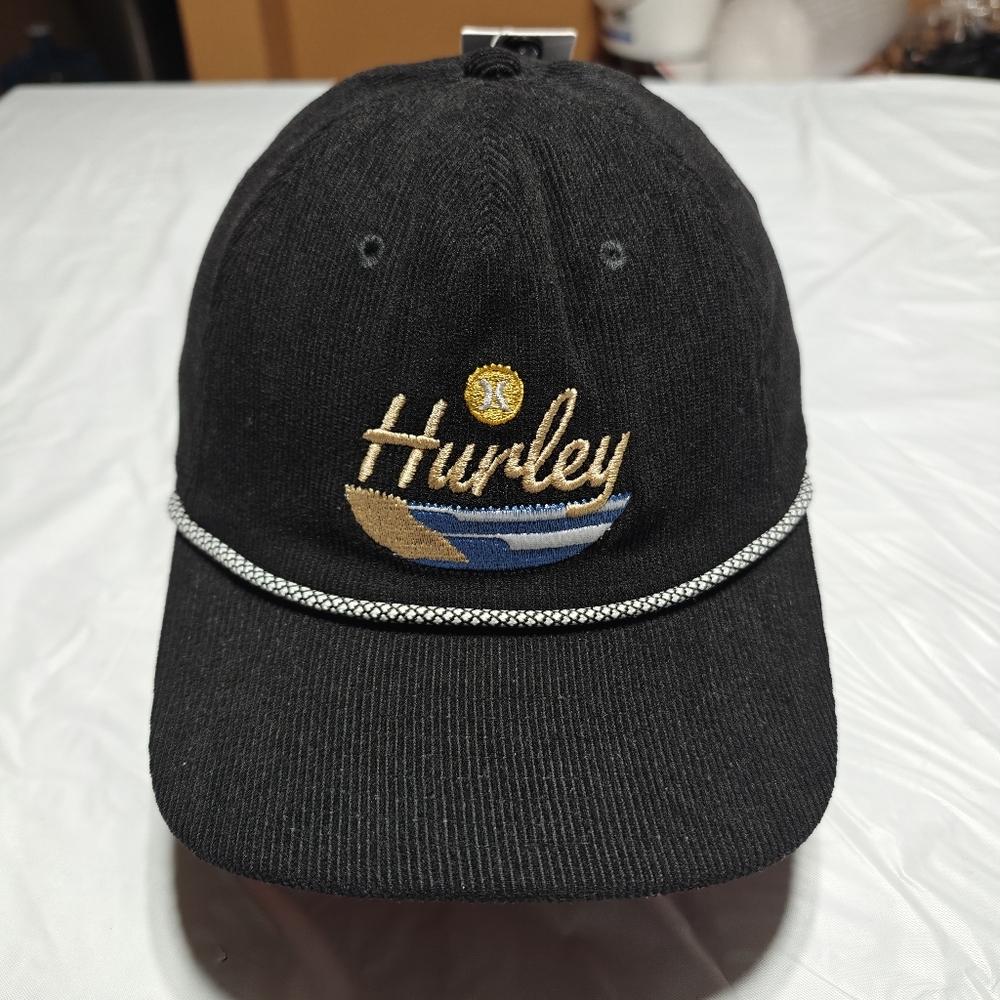 Hurley Corduroy SnapBack Hat Cap Black Half Moon Bay Rope Strap Surf